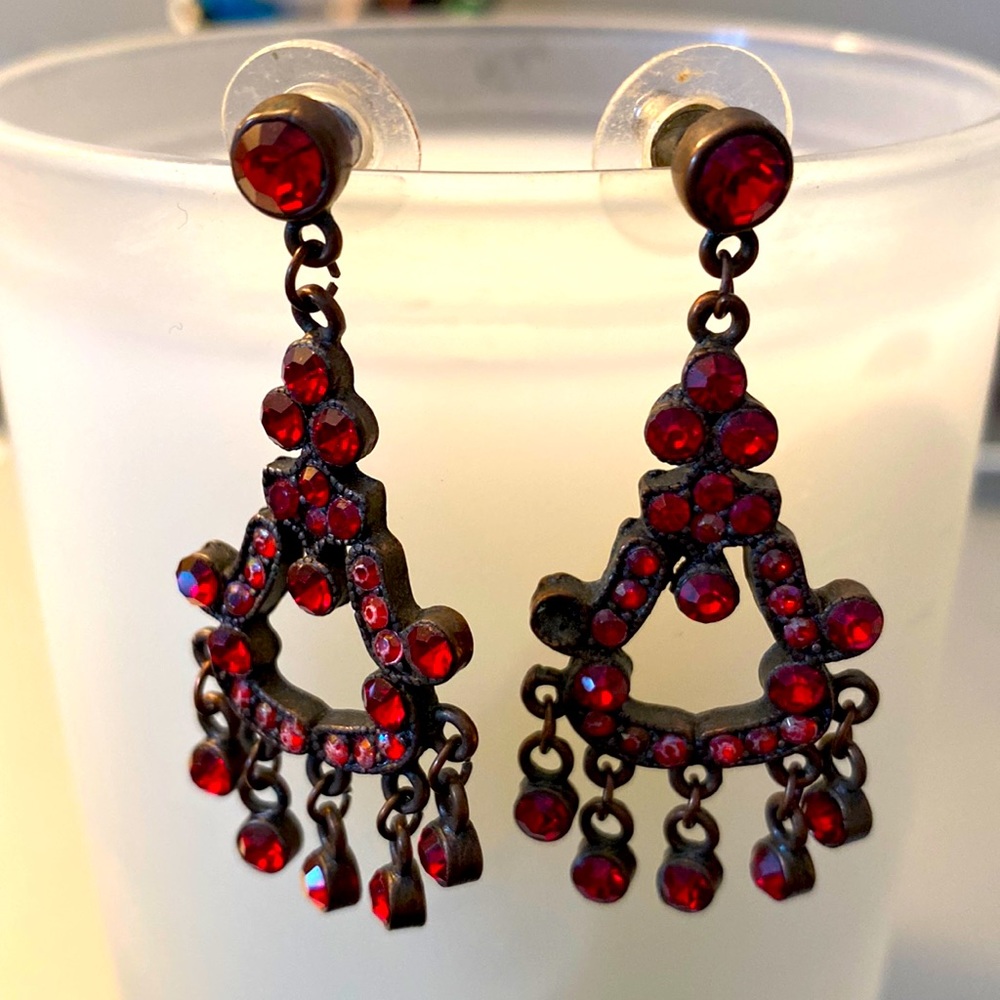 Chandelier type earrings ruby red on copper bronze color frames - post back